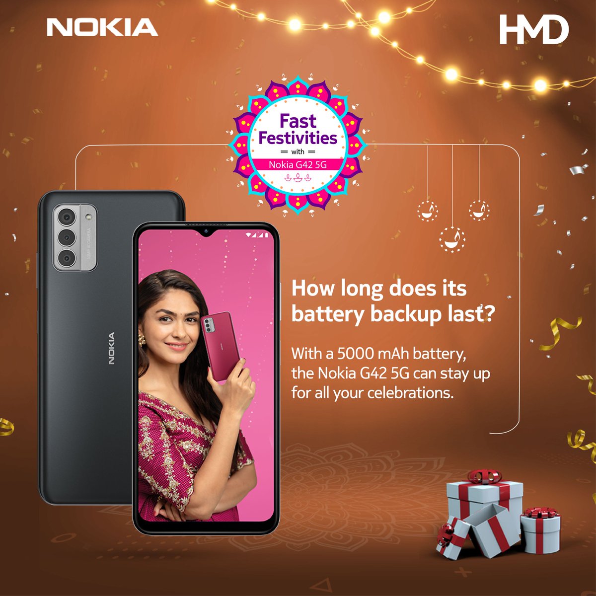 HMDdevicesIN's tweet image. How do you turn your Diwali awesome? Just comment the correct answer below with #FastFestivities and #MoveFast 🎉🥳 
One participant stands the chance to win the all-new #NokiaG42_5G! Lucky winners can also win a discount of 42% off on the phone.
Question 3: How long does Nokia…