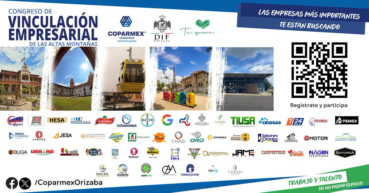 Coparmex Orizaba y DIF Orizaba invitan. 
Congreso de Vinculación Empresarial.

Registro online usando el código Qr.
Ponencias de diversas empresas.
30 stands de reclutamiento.
Vacantes
Prácticas profesionales.
Residencias.

#coparmexorizaba #coparmexver #Coparmex #DIFOrizaba