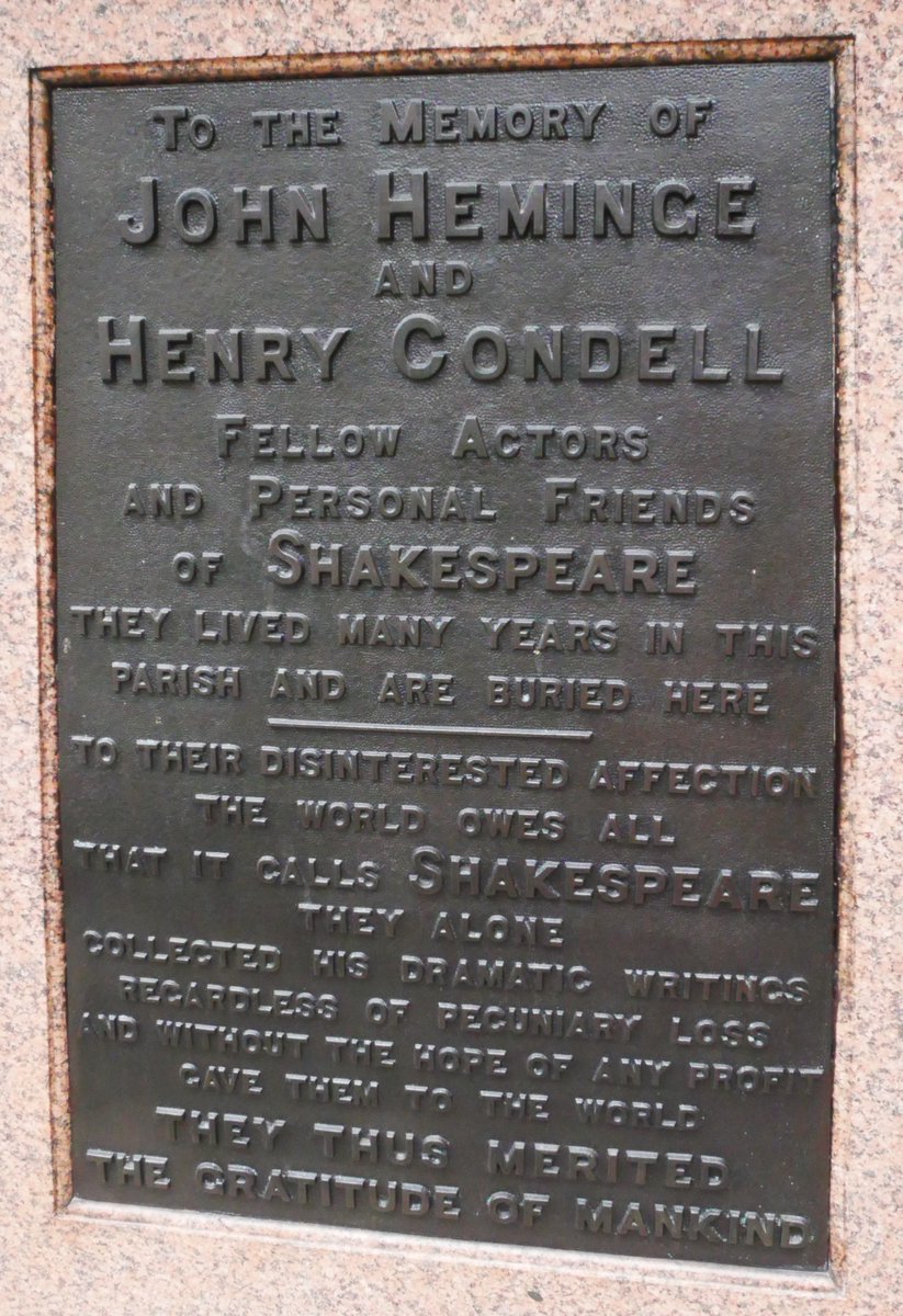 #FirstFolio #Folio400 

First Folio memorial in London dedicated to its editors John Hemminges and Henry Condell. City of London.  1895/96 Shakespeare by C.J. Allen combines Droeshout and Shakespeare on tomb in Stratford with stone First Folio.