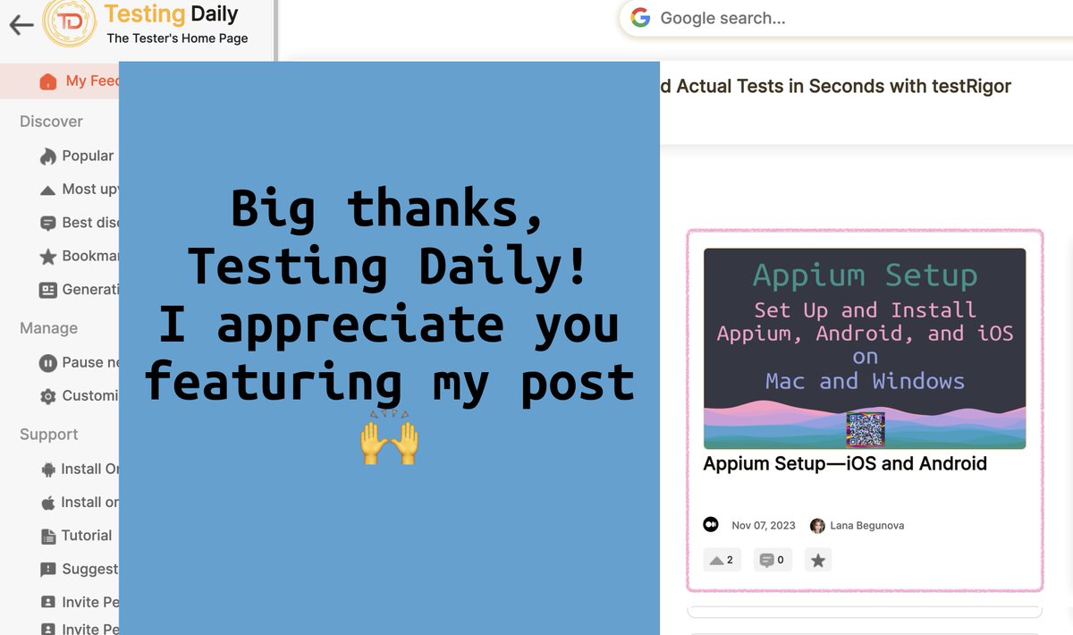 Big thanks @SanjayKumaarr @SH_TestingDaily for featuring my Appium Setup post in your feed 🙌

How to Setup Appium for Mobile Test Automation
🔗 medium.com/@begunova/appi…

#mobiletesting #Appium2 #iOS #Android #macOS #Windows #software #QualityAssurance #testing #Engineering…