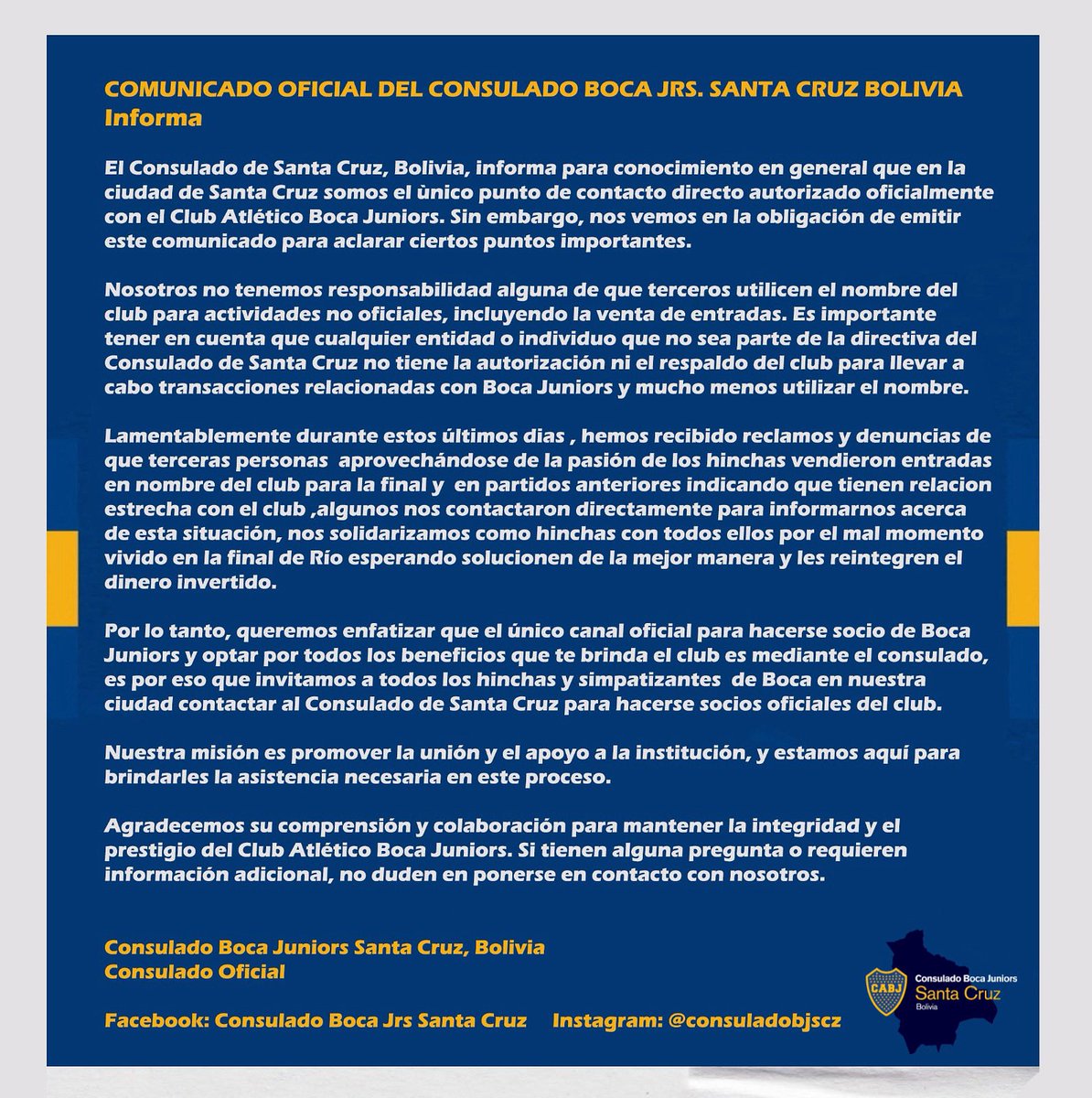 CONSULADOBJSCZ's tweet photo. #ConsuladoBocaJuniorsSantaCruz 
El Consulado Boca Jrs Santa Cruz comunica a socios y socias y simpatizantes 💙💛💙 https://t.co/EVdNVT9o7F
