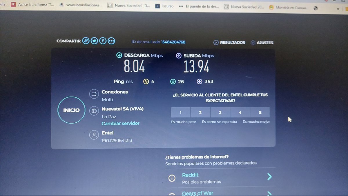 renzoa33's tweet photo. .@entelbo me cobra 299 Bs. mensuales por un servicio de internet así de inestable, que ya es un perjuicio porque ya no es posible trabajar con esas condiciones técnicas. https://t.co/sLbnkfqVCv