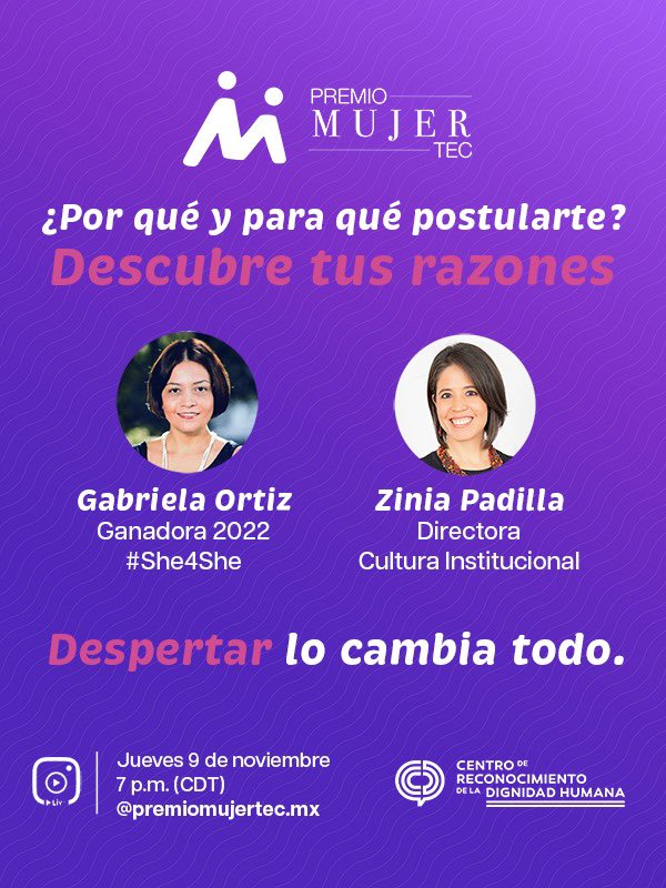 Zinia Padilla (@ziniapadilla) on Twitter photo ¿Por qué y para qué postularse al
<a href="/PremioMujerTec/">Premio Mujer Tec</a> ?
Acompáñanos a Gabriela Ortiz - Premio Mujer Tec 2022, categoría #She4She - y a mí y resuelve tus dudas sobre la convocatoria 2024.
Súmate e invita a posibles candidatas al Instagram LIVE.
Despertar lo cambia todo. ¿Por qué y para qué postularse al
<a href="/PremioMujerTec/">Premio Mujer Tec</a> ?
Acompáñanos a Gabriela Ortiz - Premio Mujer Tec 2022, categoría #She4She - y a mí y resuelve tus dudas sobre la convocatoria 2024.
Súmate e invita a posibles candidatas al Instagram LIVE.
Despertar lo cambia todo.