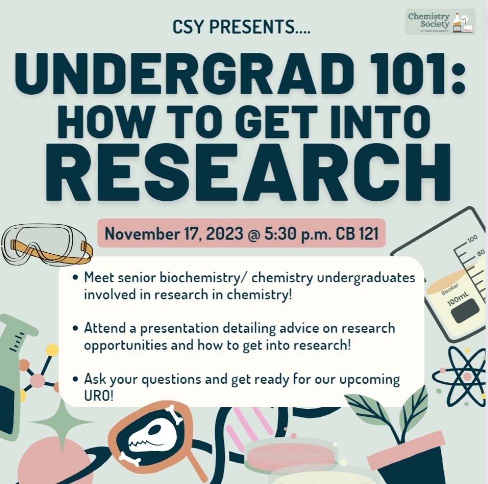 🔬 Join us for 'Undergrad 101: How to Get into Research'! Get tips from upper-year undergrads involved in diverse areas of chemistry research. Don't miss this opportunity to learn and connect! Sign up via Google Form in our bio! 🗓️ Fri. Nov. 17, 5:30 pm📍CB Rm 121. See you there!