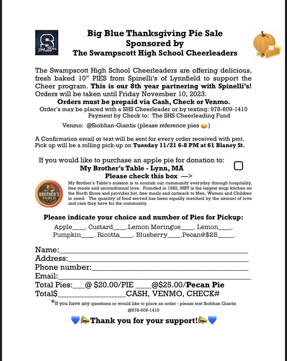BigBlueCheer's tweet photo. Last week to buy Thanksgiving Pies!! DM me or contact your favorite SHS cheerleader to order! https://t.co/8hoshA5NWM