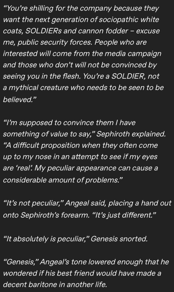 A quick fic wherein a young Sephiroth worries about his unusual appearance and Genesis is having none of it.  
archiveofourown.org/works/51461320