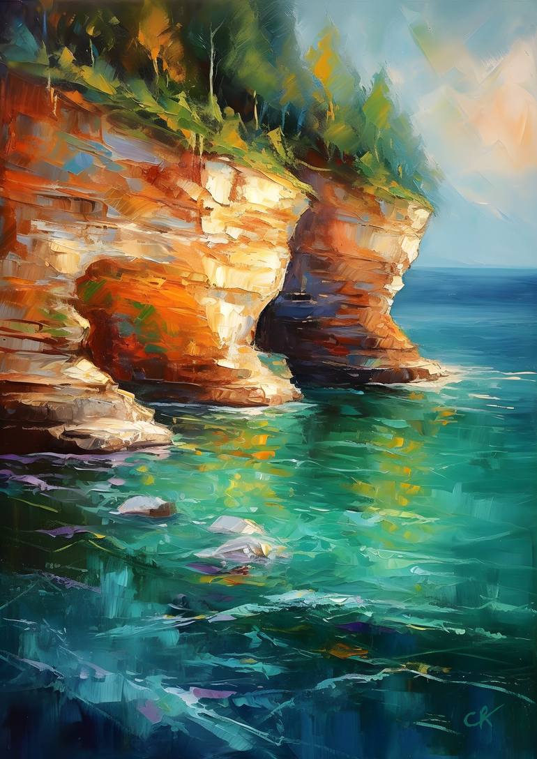 🎨 'Vibrant Cliffs of Pictured Rocks National Lakeshore' 🏞️ by a talented artist captures the mesmerizing beauty of nature! 🌊🌅 The stunning contrast between the turquoise waters and orange cliffs is truly breathtaking. 🤩 #NatureArt #ImpressionistPainting #PicturedRocks