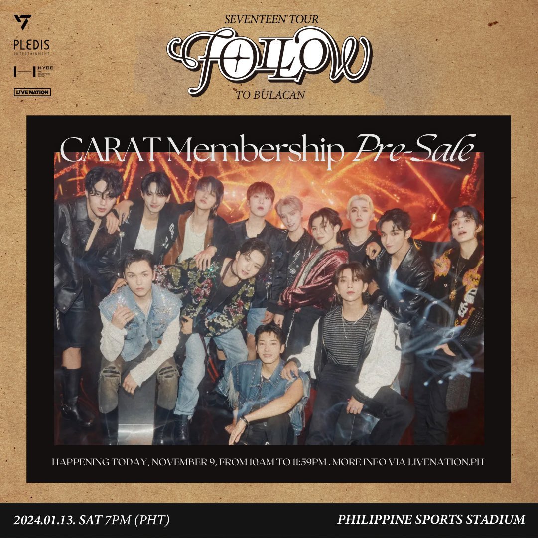 philconcerts's tweet photo. ✨ BOO SEUNGKWAN BOO SEUNGKWAN BOO SEUNGKWAN ✨ 

CARAT Membership Pre-Sale starts in less than an hour and will be until 11:59PM today. Good luck to all PH CARATs 💪 

SEVENTEEN #FOLLOW_TO_BULACAN 📆 January 13, 2024
📍Philippine Sports Stadium 🔥 

More info via @livenationph https://t.co/BxWKWd8J0L