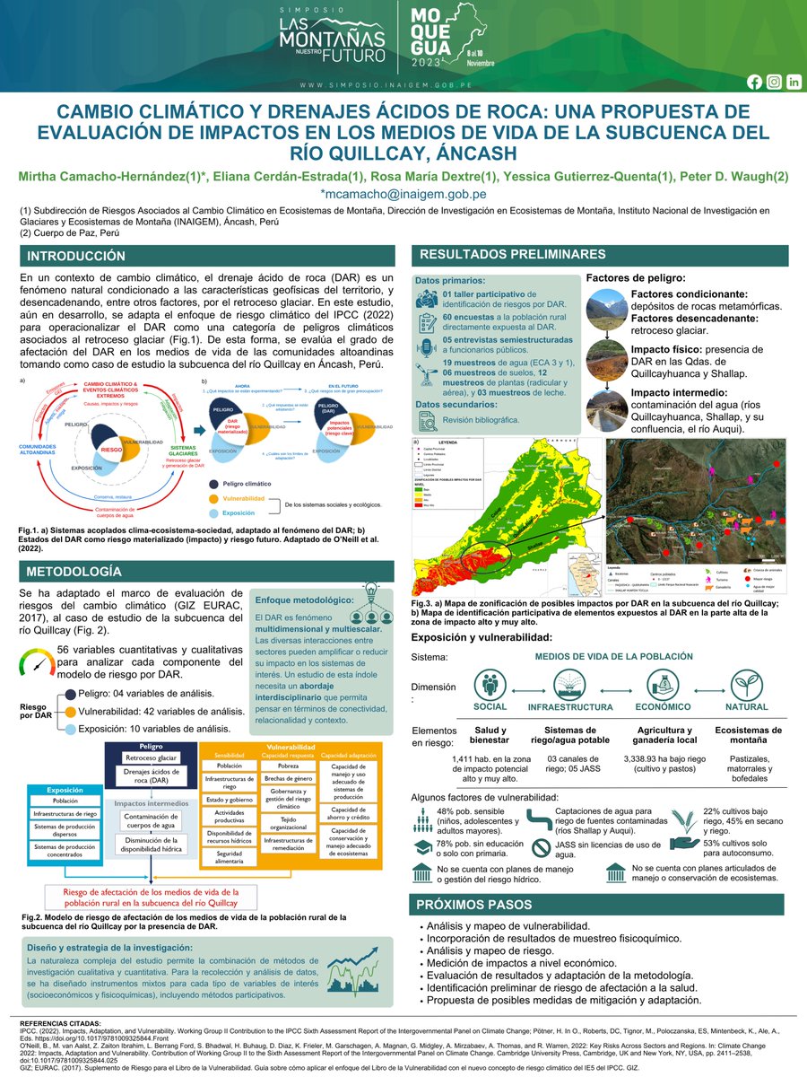 Mañana inician las exposiciones de posters en el #MONFU23 del <a href="/InaigemPeru/">INAIGEM</a>. ¡Feliz de volver al MONFU con esta nueva colaboración🤩!
"#ClimateChange and Acid Rock Drainage: a proposed livelihoods impact assessment in the Quillcay river sub-basin, Peru"