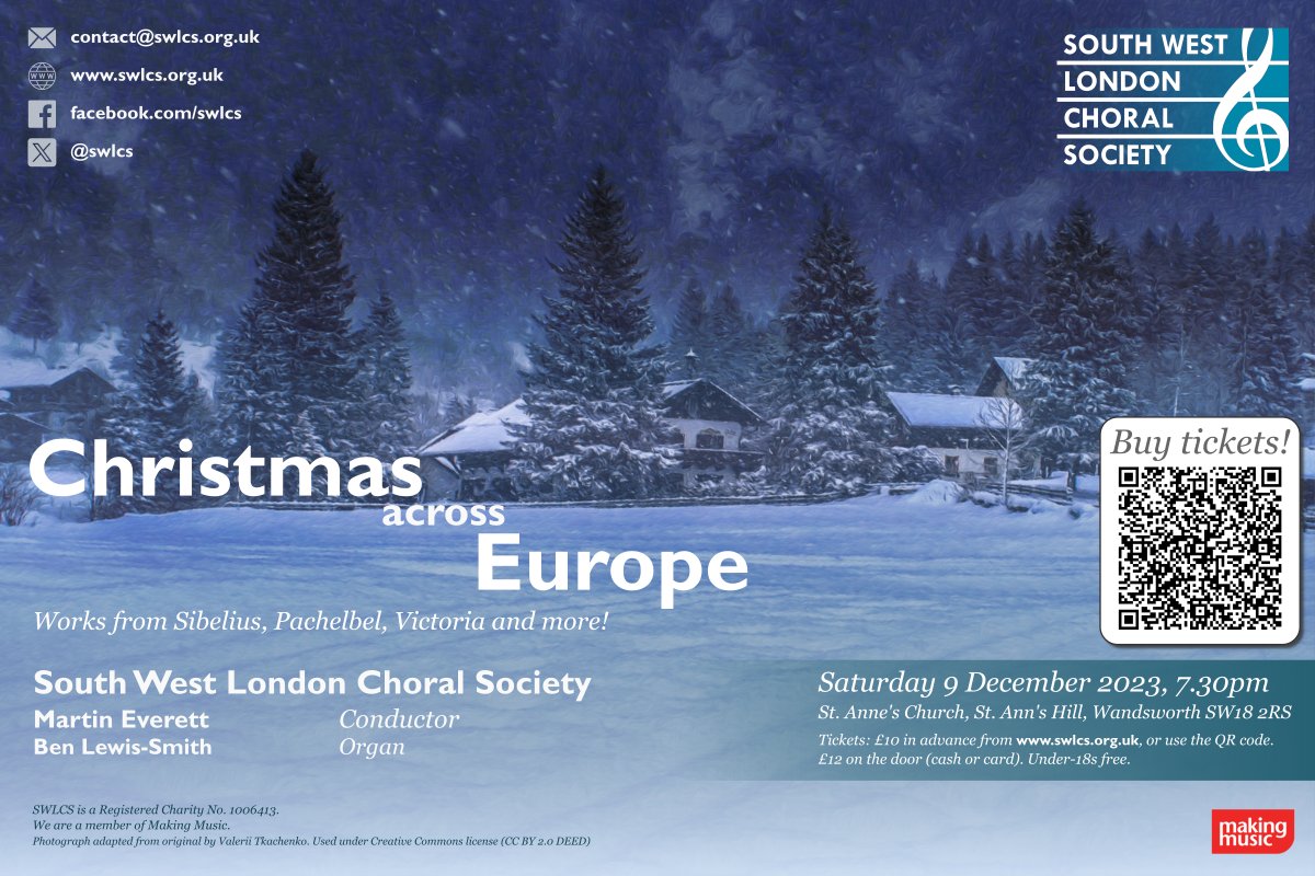 Christmas concert 9 December! We will be performing a whistle stop tour of traditional festive songs from the countries and regions of Europe, with works from Pachelbel, Victoria and our director, Martin Everett.

It promises to be a lovely evening! Tickets on sale now! 😊