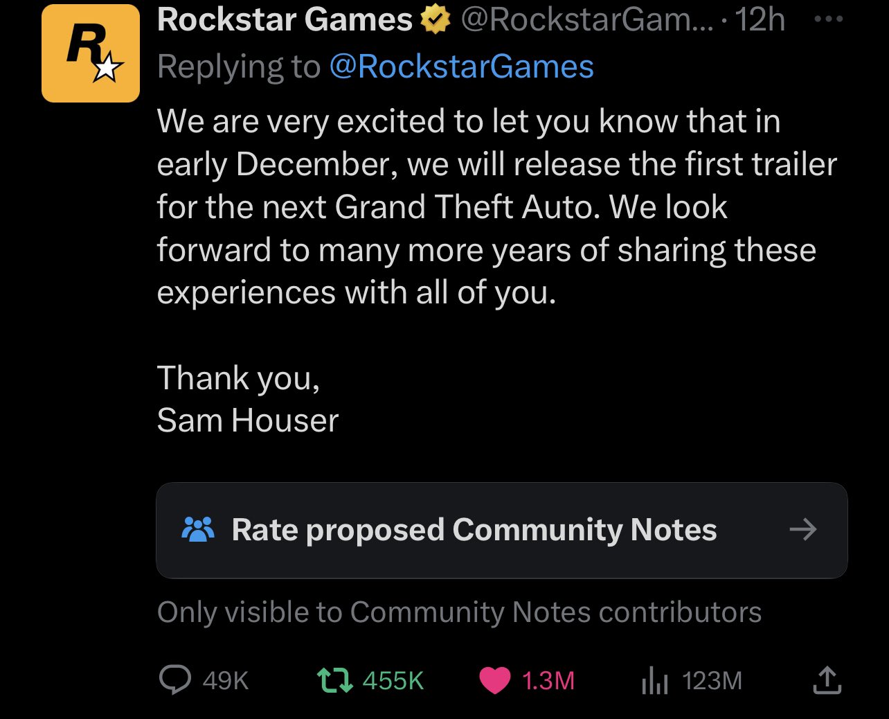 X 上的GTA 6 Trailer Countdown ⏳：「Fact: GTA 6 announcement tweet by Rockstar  Games is the most liked gaming tweet of all time.   / X