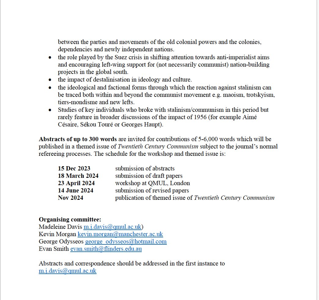 QMUL and Twentieth Century Communism journal are hosting a 1 day hybrid symposium on the 'Global 1956'. It will be held in April 2024 and then will be a special issue of the journal. Please see full CFP below. 

Website with full CFP coming soon!

#twitterstorians #labourhistory