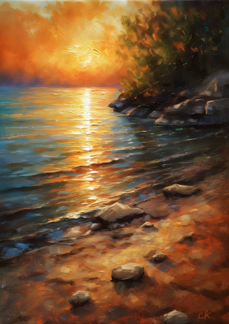 🎨 'Sunset Serenade at Pictured Rocks National Lakeshore' 🌅 - an Impressionist masterpiece that captures the enchanting beauty of nature at twilight! 🌟 The sunset's reflection on the tranquil waters is truly mesmerizing. 🤩 #NatureArt #ImpressionistPainting #PicturedRocks