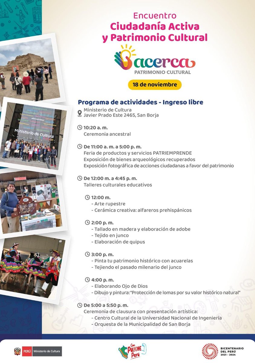 LlawaPeru's tweet photo. 👉Ven y participa del encuentro 👈
⚜️ “Ciudadanía Activa y Patrimonio Cultural”⚜️
donde podrás conocer la labor que realizan diversas organizaciones de distintas regiones del 🇵🇪 Perú 🇵🇪
en favor del #patrimonio cultural de sus localidades. 18 de Noviembre. https://t.co/ZLju63LHDa