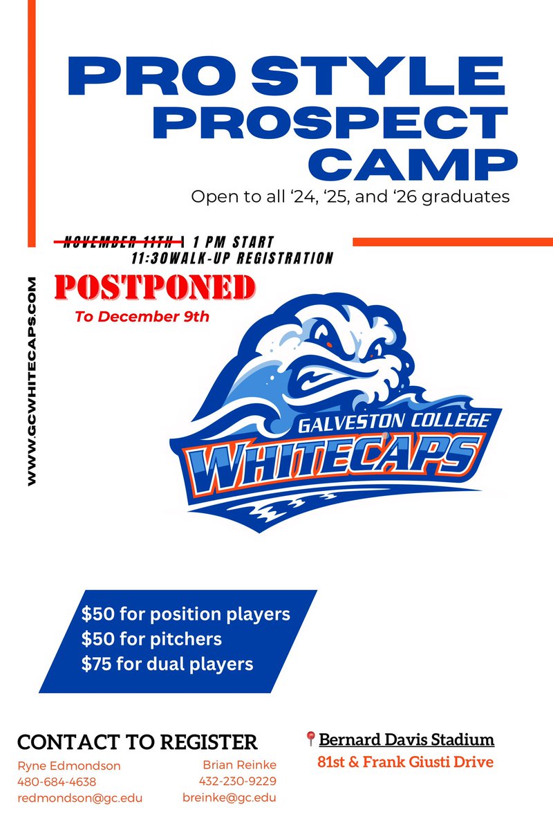 Due to the inclement weather for the weekend we have moved our prospect camp to December 9th.