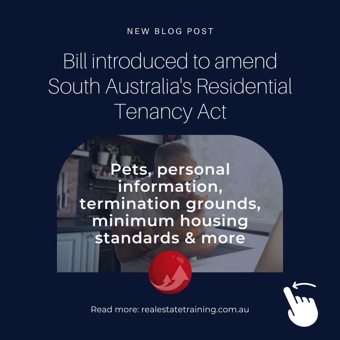 AustralianRETC's tweet photo. NEW BLOG POST: Bill introduced to South Australian parliament to amend residential tenancy legislation 📜

Read more: Link in bio ('Blog') 🔗

#minimumhousingstandards #southaustraliarentalreform #sarenting #tenanciessouthaustralia #sarentalreforms #rentingwithpets #sacbs https://t.co/9s2U4O3Tfm