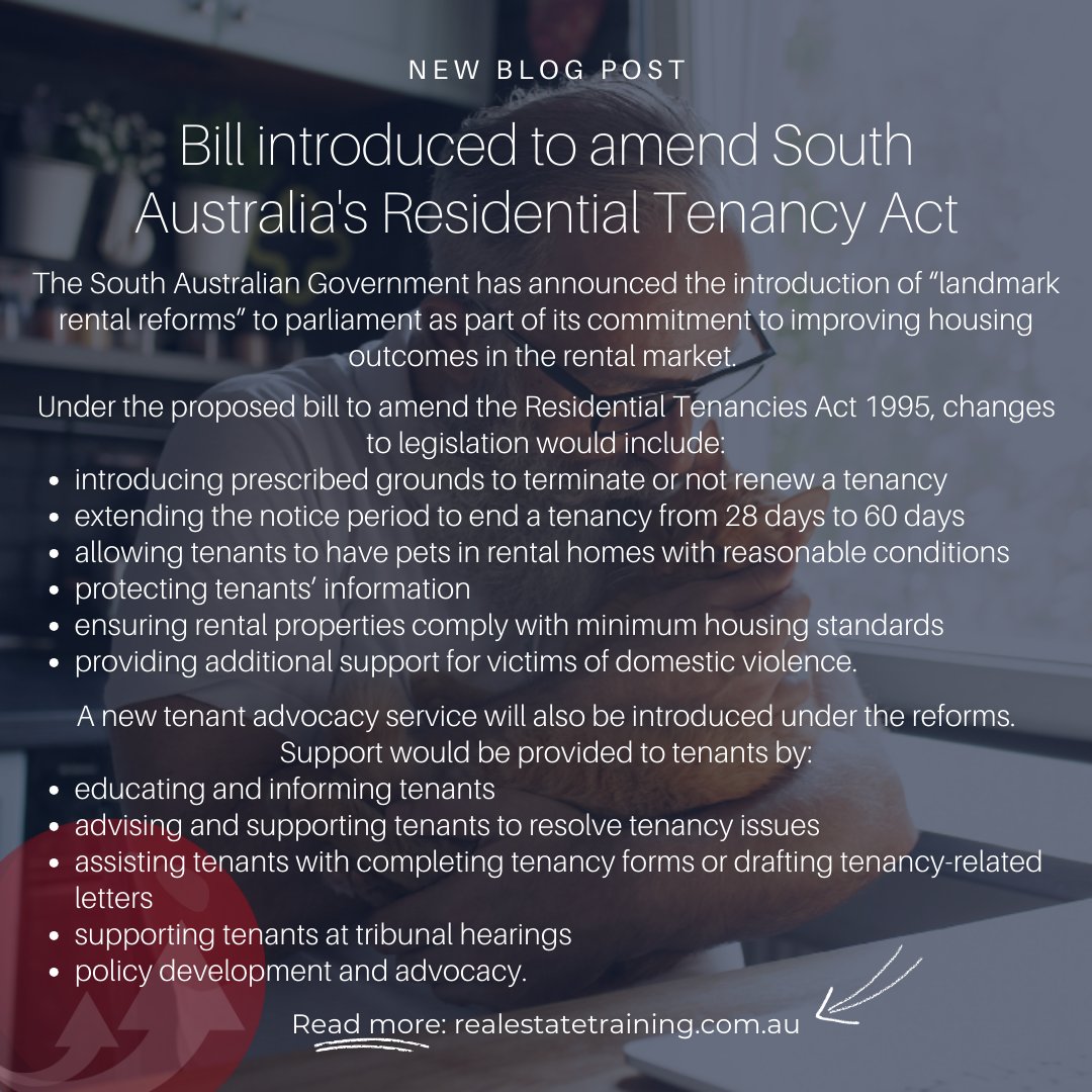 AustralianRETC's tweet photo. NEW BLOG POST: Bill introduced to South Australian parliament to amend residential tenancy legislation 📜

Read more: Link in bio ('Blog') 🔗

#minimumhousingstandards #southaustraliarentalreform #sarenting #tenanciessouthaustralia #sarentalreforms #rentingwithpets #sacbs https://t.co/9s2U4O3Tfm