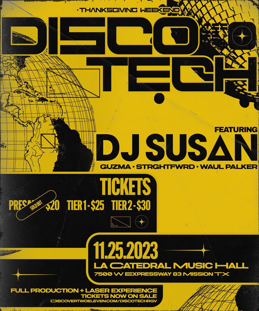 ⚠️Warning ⚠️ 

Disco Tech ft. <a href="/djsusanmusic/">DJ Susan</a> 

• Presale tickets are SOLD OUT, get your limited Tier 1 tickets before they sell out‼️

Tickets available at: Discovertwoeleven.com/discotechrgv

<a href="/discotechrgv/">DISCO TECH</a> <a href="/PlatinumFSEnt/">PLATINUM FS ENTERTIANMENT</a>
