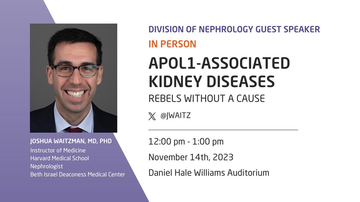 📢 We've got a fantastic guest speaker joining us on Tuesday, November 14th! Dr. Joshua Waitzman, MD, PhD @Jwaitz, will be sharing insights about APOL1-associated kidney diseases in the Daniel Hale Williams Auditorium at noon. Don't miss out—we'd love to see you there!