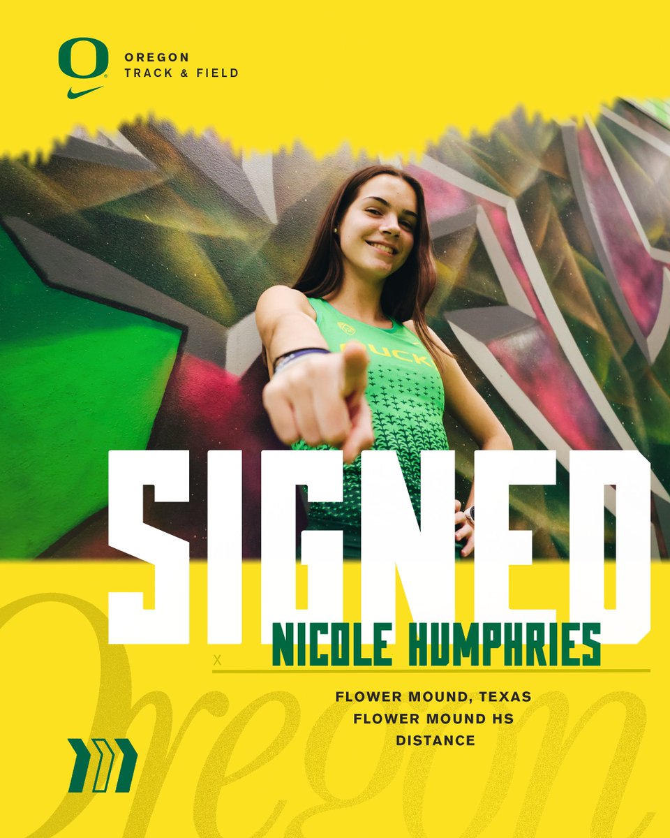 From Texas 👉 Eugene

Nicole Humphries
Flower Mound, Texas
Flower Mound HS

The PBs👀
800m - 2:06.82
Mile - 4:46.86
3200m - 10:11.87

Welcome to The Flock, Nicole! #GoDucks
