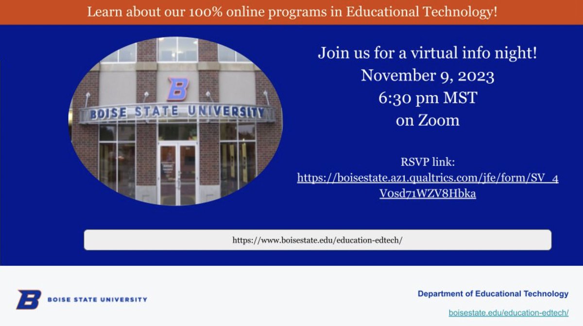 Join us for an info night to learn about our 100% online programs! November 9, 2023 6:30 pm MST on Zoom. RSVP: tinyurl.com/2cj2z4f3 Read more about our programs: tinyurl.com/ypmmfvky #Edtech #edtechbsu #idahoteachers