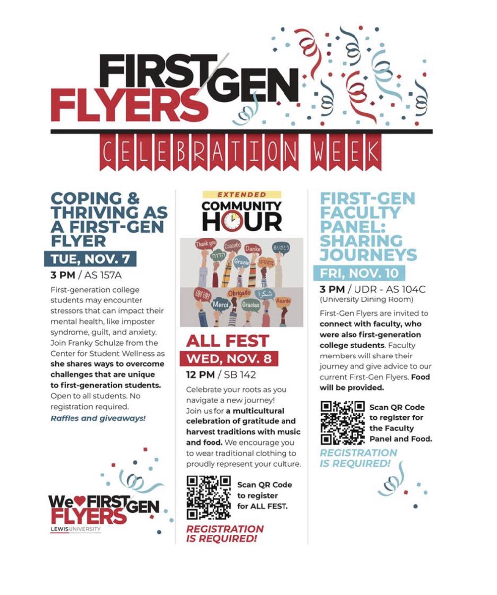 LewisU_AS's tweet image. Happy #FirstGenCollegeStudentDay! 
This week we are celebrating our First Gen Flyers through special programming including a presentation on Coping &amp;amp; Thriving as a First Gen College Student, All Fest &amp;amp; a First Gen Faculty Panel We♥️FirstGenFlyers
#LewisU #LewisU_AS