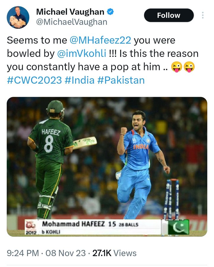 Virat Kohli FC ❤️ (@viratsuniverse) on Twitter photo One more day of MCD <a href="/MHafeez22/">Mohammad Hafeez</a> getting B treatment from Michael Vaughan.
Ye pakistani har jagah apni beijjati karvate hai 😂 One more day of MCD <a href="/MHafeez22/">Mohammad Hafeez</a> getting B treatment from Michael Vaughan.
Ye pakistani har jagah apni beijjati karvate hai 😂