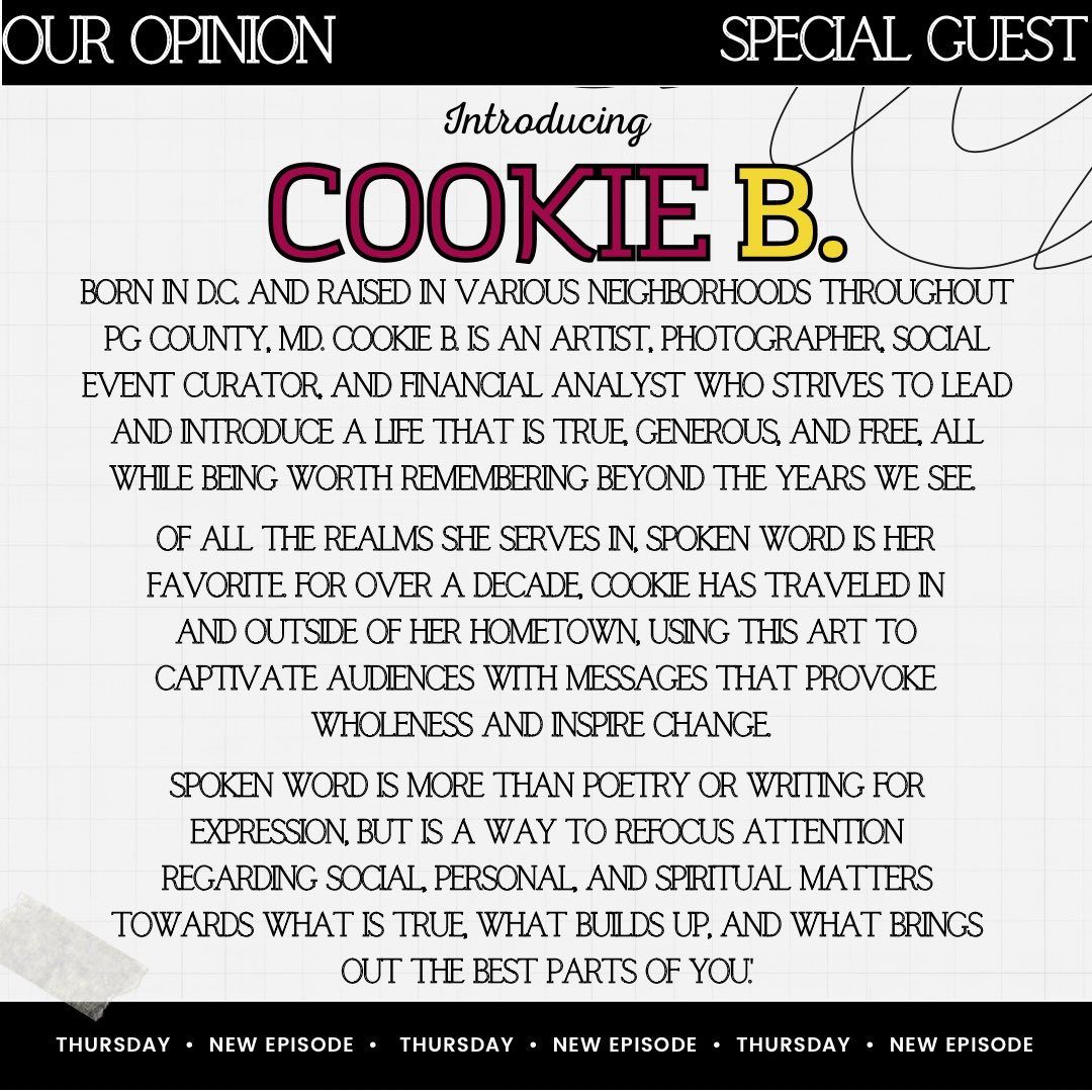 bmorepod's tweet photo. 🎙️ This Thursday, get ready for an electrifying episode of the Bmore Pod: Our Opinion Podcast as we welcome the incredible Cookie B. to our show! Catch us LIVE on YouTube this Thursday at 7:00 PM EST. Don't miss out – see you there! 💫 #BmorePod #SpecialGuest #Podcast #LiveStream https://t.co/HO7Eq7bCfK