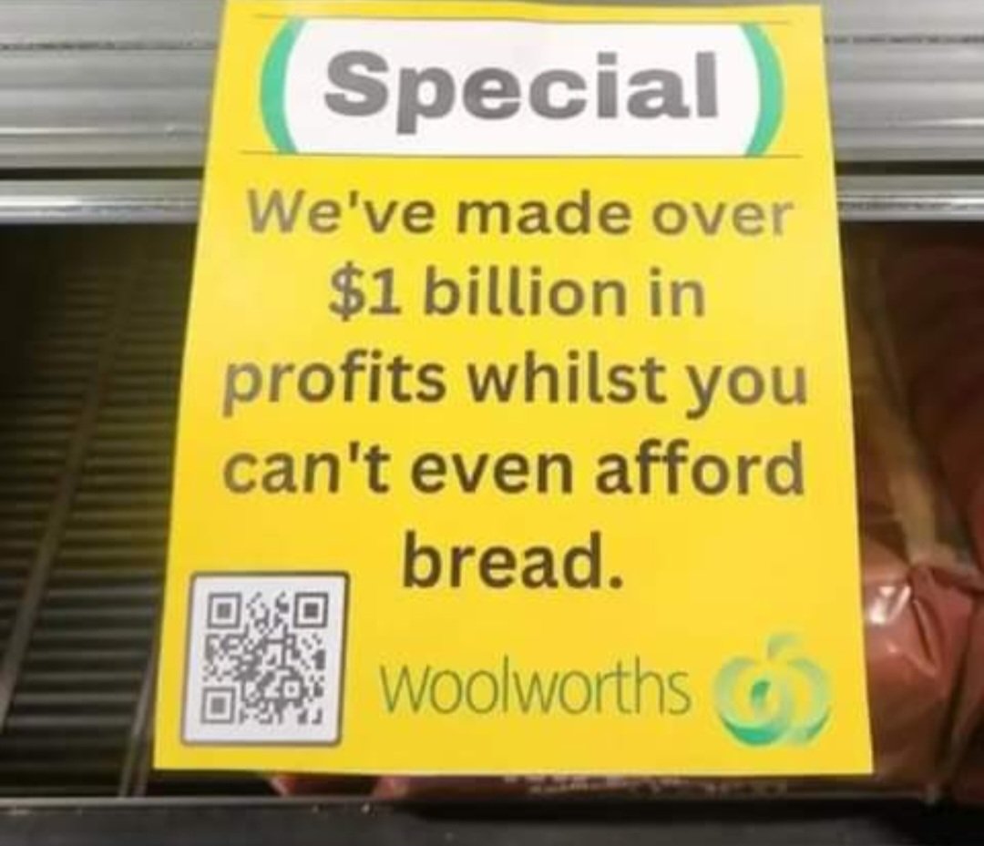 Woolworths and Coles are price gouging customers, suppliers, and transport companies while ripping off their workers and making record profits. We have to pack our own groceries and aren't offered a discount to do so. Their greed is fuelling inflation and the poor are destitute.