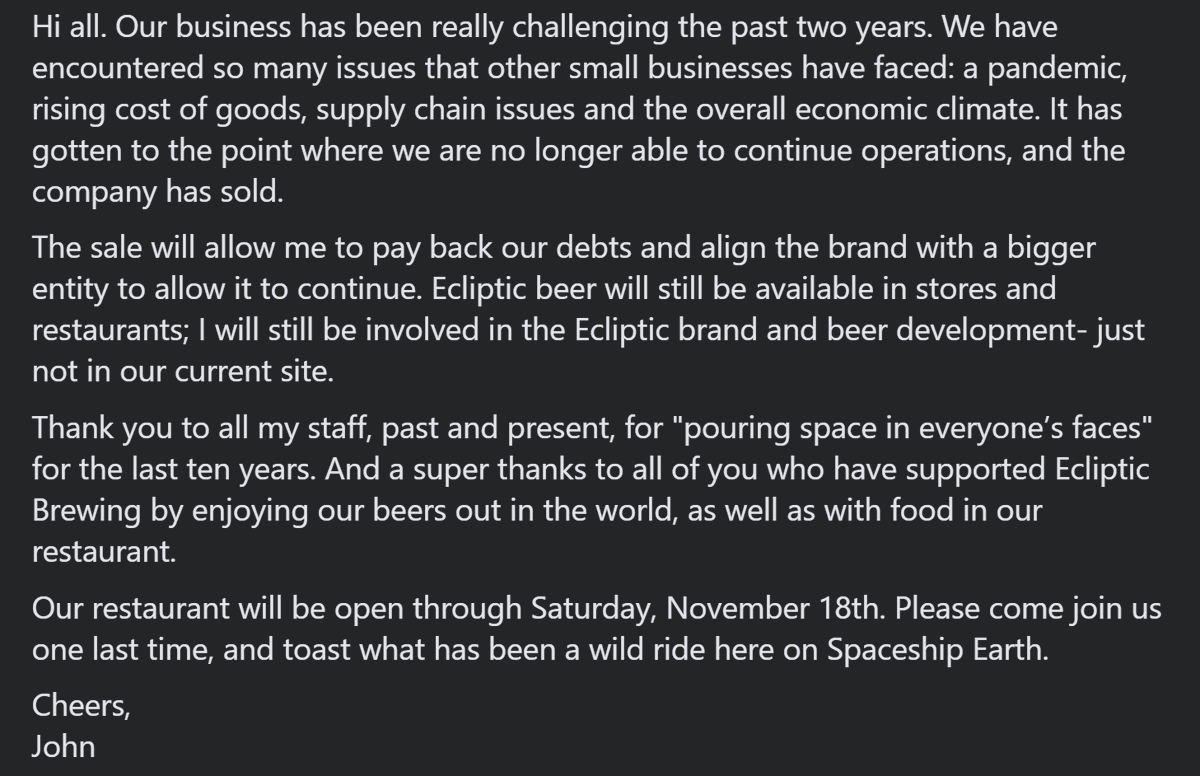A message from our Owner and Brewmaster, John Harris: