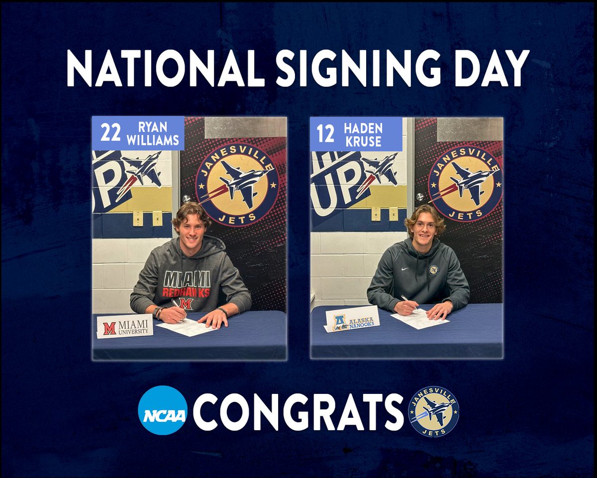 JanesvilleJets1's tweet photo. Happy National Signing Day! This afternoon we had both @hadenkruse &amp; @Williams_Ryan8 sign their NLI to play NCAA Division 1 Hockey. 

#WheelsUp #YourTownYourTeam https://t.co/0UE7v12WOo