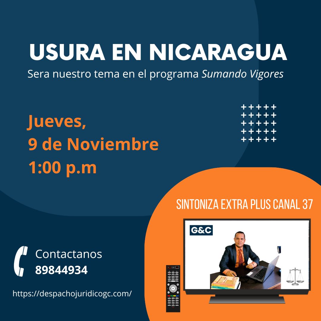 #Nicaragua| Nuestro socio director Lenin A. Campbell estará abordando el tema de la Usura en Nicaragua el día de mañana en Canal 37 Extraplus, les invitamos a ver el programa. #Derechos #Justicia #Legal #DerechoPenal 
despachojuridicogc.com