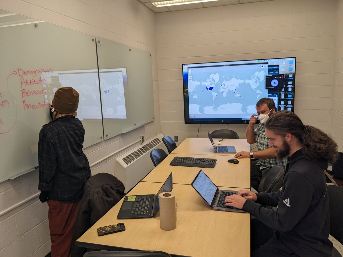 We have a new collaboration space for our faculty, students, and staff working on sustainability. We're dubbing it The Green Room 🙂 Here is <a href="/CPKuehl/">C Kuehl</a> and some students working on findings from the <a href="/NIUlive/">NIU</a> BARKS survey about student sustainability behaviors &amp; attitudes.