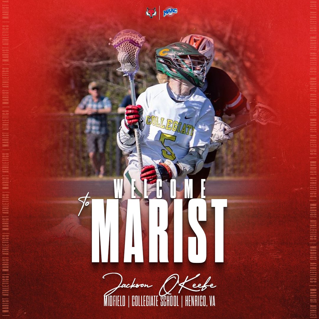Marist_MensLax's tweet photo. Our final NLI is in!

Jackson O’Keefe a Midfielder from Henrico, VA joins as the final member of the 2024 class!

The 3 ⭐️ recruit is coming off a spring where he helped lead Collegiate to a VISAA Quarterfinal Appearance.

Welcome to the family Jackson!

#MARIST #LACROSSE #EC34 https://t.co/2L3XxdVvGV