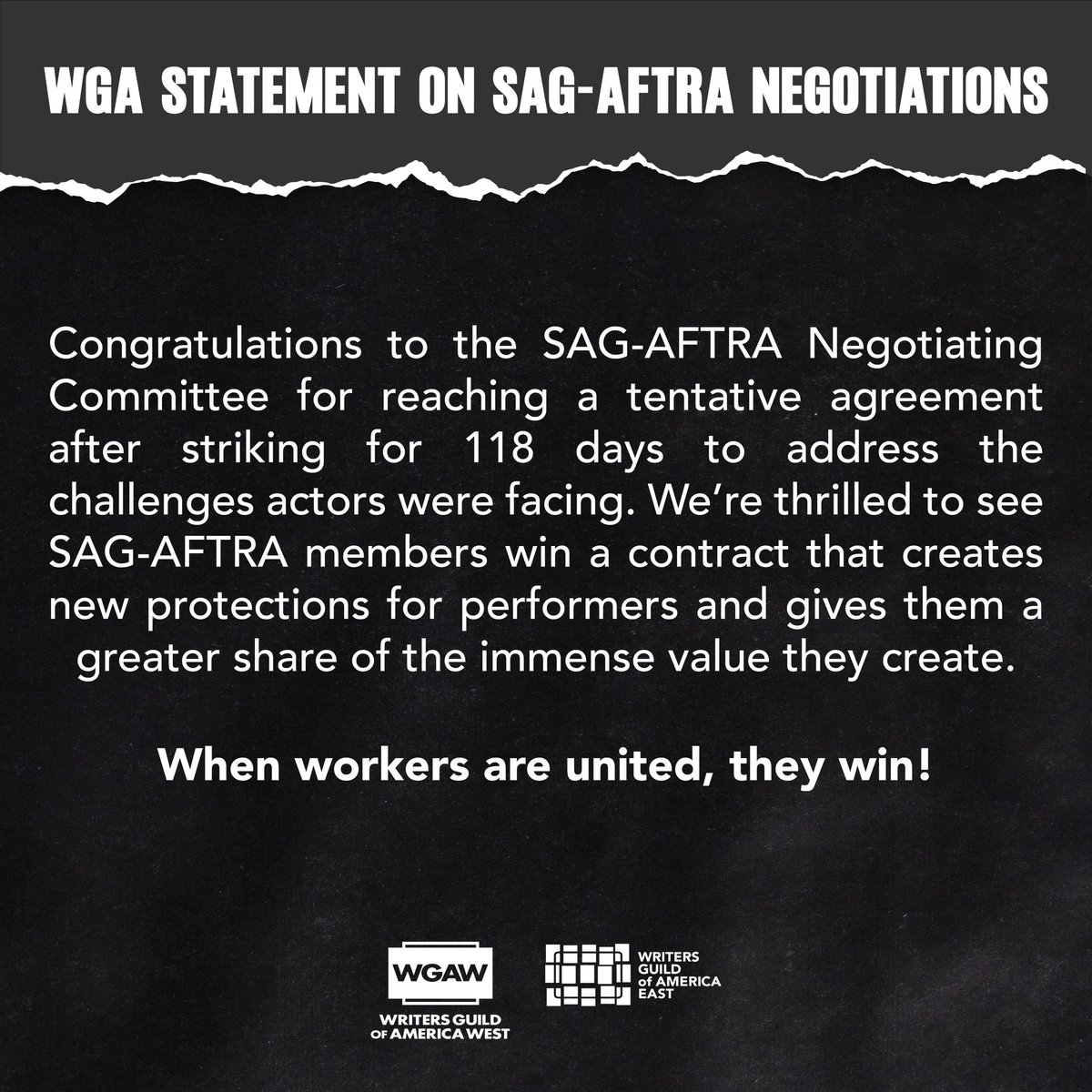 Huge congrats to the members of @sagaftra! #SagAftraStrong #WGAstrong #1u