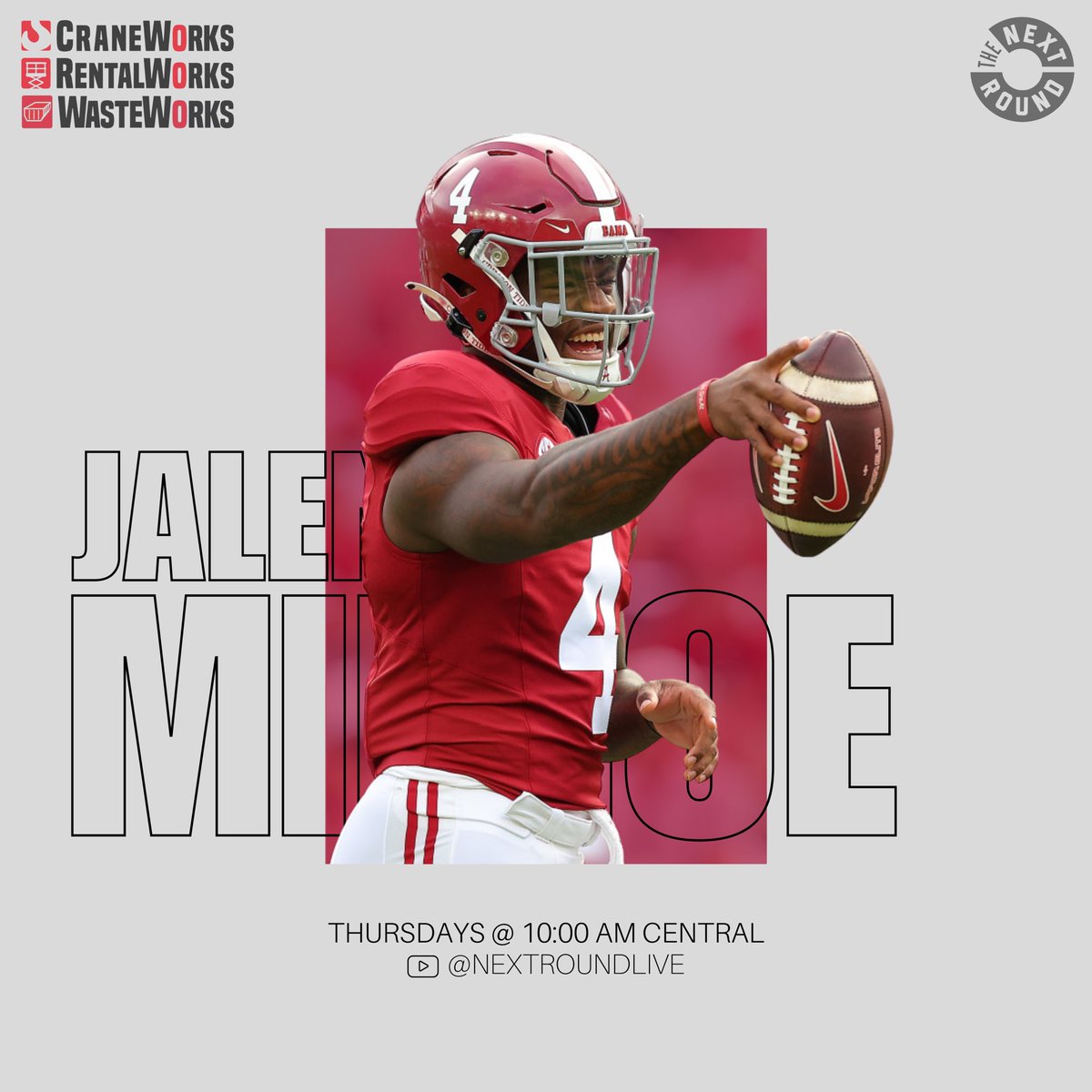 NextRoundLive's tweet photo. We are excited to announce that every Thursday (starting tomorrow) throughout the remainder of the season you’ll be able to find interviews with both Jalen Milroe and Terrion Arnold on our YouTube Channel!

@JalenMilroe: Live show at 10:00 AM Central
@ArnoldTerrion: On-demand

https://t.co/gBgtWUc5Xt