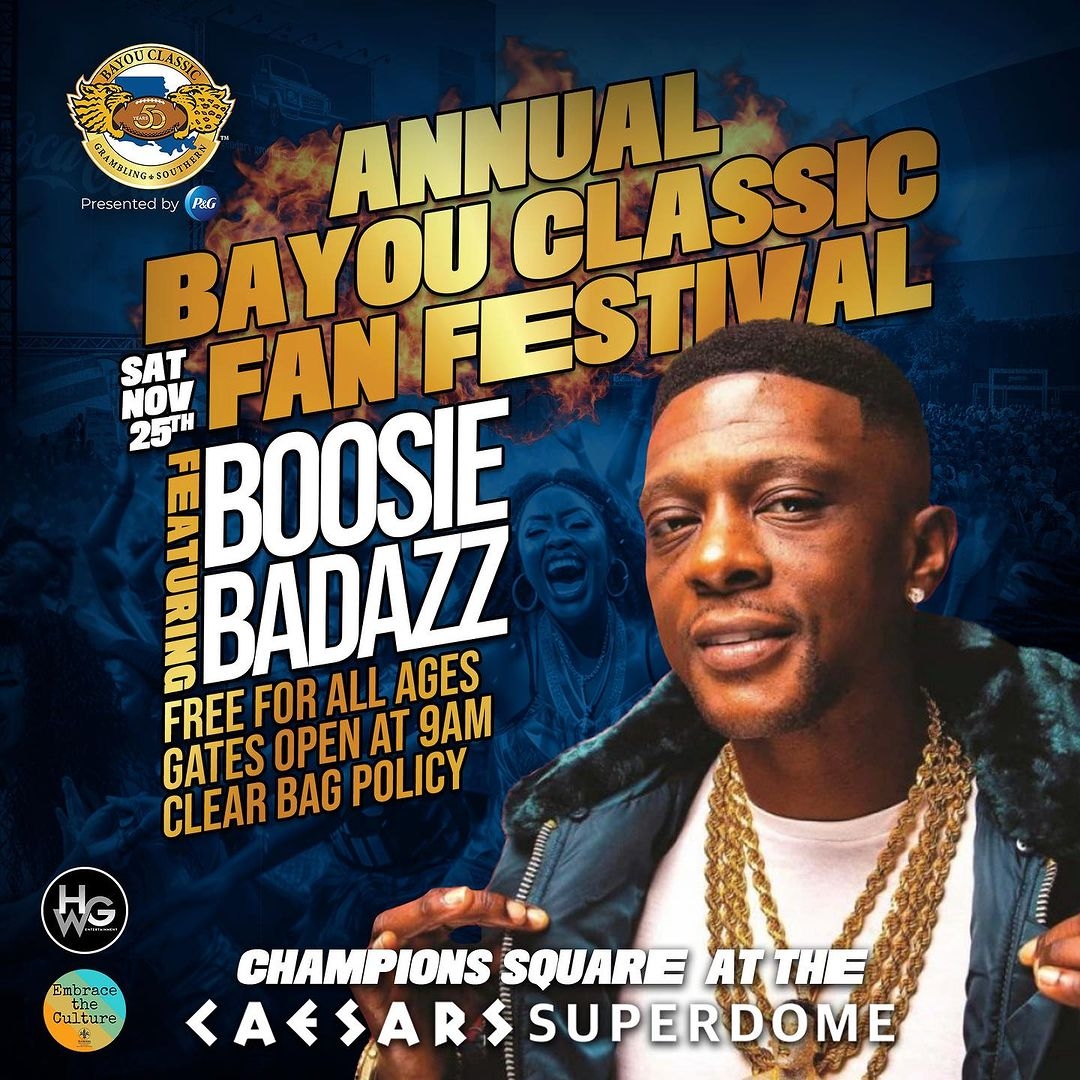 Grambling1901's tweet photo. Reposted from @bayouclassic74 🎤 Get ready to turn up the Bayou Classic Fan Festival with none other than the legendary Boosie Badazz! 💥 Mark your calendars, this performance is gonna be LIT! 🔥 #BayouClassic #BoosieBadazz #ExperienceThePower https://t.co/fXmgFvyTqK