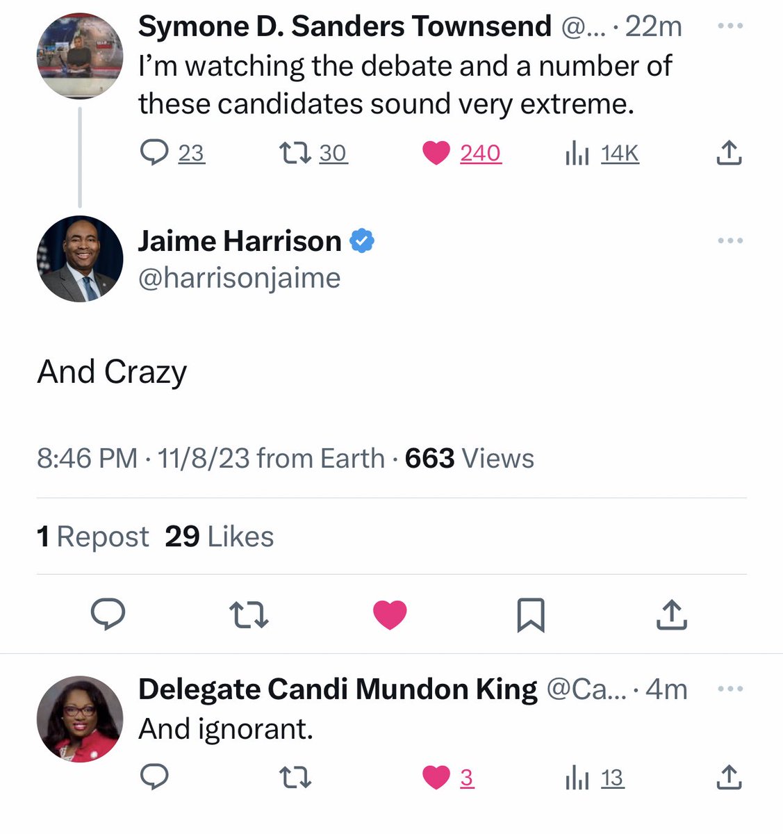 This is the only summary of tonight’s #GOPDebate you need 

Courtesy of this on point tweet by <a href="/SymoneDSanders/">Symone D. Sanders Townsend</a> and pitch perfect replies by <a href="/harrisonjaime/">Jaime Harrison</a> and <a href="/CandiMundonKing/">Delegate Candi Mundon King</a>