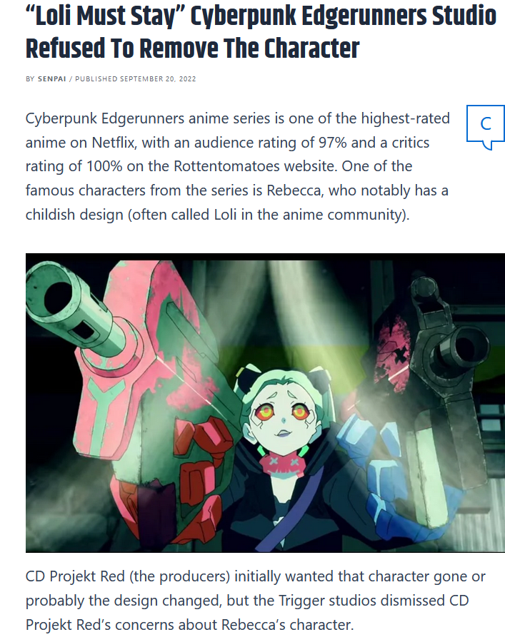 Studio Trigger Refused To Redesign character Rebecca In Cyberpunk