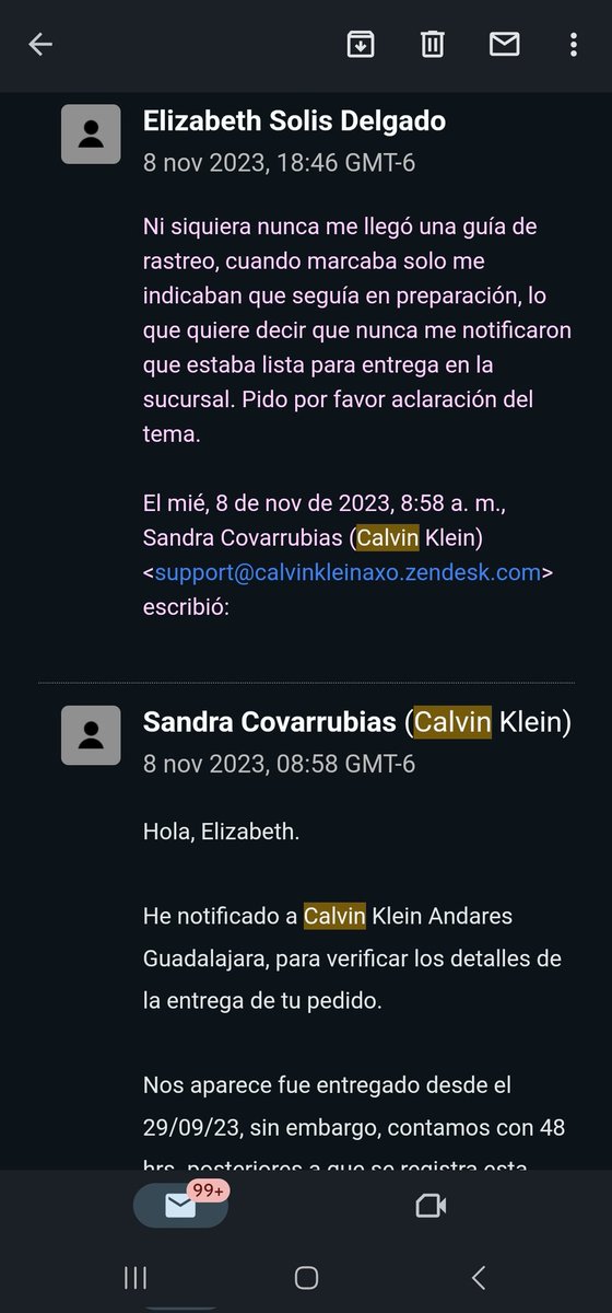 elisolisd's tweet photo. @CalvinKlein Llamé para pedir una aclaración y NO ME RESOLVIERON NADA, solo me mencionaban que lo iban a revisar, nunca me dieron una fecha tentativa de respuesta o reembolso. Decidí mandar email y no coinciden la información ya que ahora dicen que el pedido fue entregado el 29 DE SEPTIEMBRE https://t.co/lXegTxEZbl