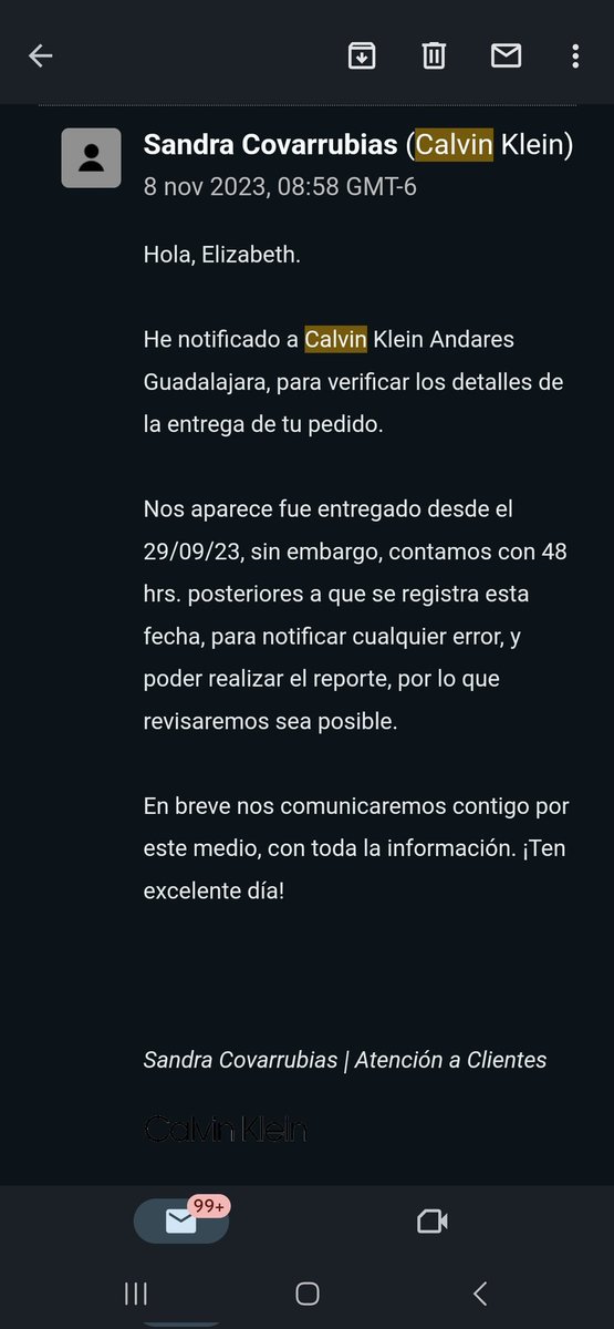 elisolisd's tweet photo. @CalvinKlein Llamé para pedir una aclaración y NO ME RESOLVIERON NADA, solo me mencionaban que lo iban a revisar, nunca me dieron una fecha tentativa de respuesta o reembolso. Decidí mandar email y no coinciden la información ya que ahora dicen que el pedido fue entregado el 29 DE SEPTIEMBRE https://t.co/lXegTxEZbl