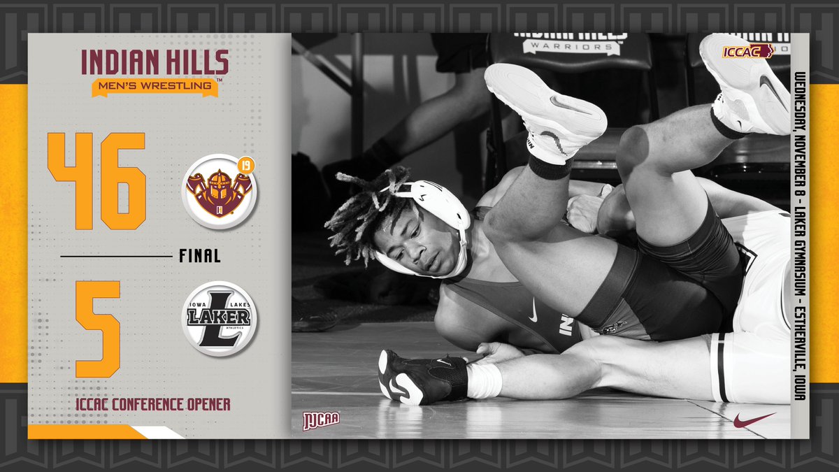 WARRIORS SINK LAKERS – No. 19-rated <a href="/IHCCWrestling/">Indian Hills Wrestling</a> moved to 1-0 in the league duals tonight in Estherville as the Warriors drilled <a href="/IA_LakesSports/">Iowa Lakes Athletics</a> in their <a href="/ICCACSports/">ICCAC Sports</a> opener, 46-5. IHCC will now prepare for next Wednesday’s 7 p.m. home dual with No. 3-ranked <a href="/ReiverWrestling/">IW Reiver Wrestling</a>.
