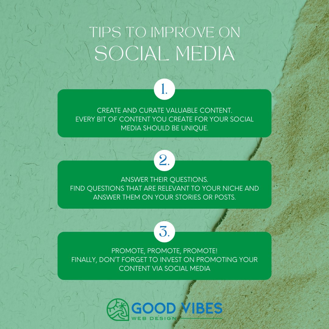 goodvibeswebdez's tweet image. 3 tips to boost your online presence and connect like a pro!
1️⃣ Create and Curate Valuable Content
2️⃣ Answer Their Questions
3️⃣ Promote, Promote, Promote!
Visit us: goodvibeswebdesign.com.au
#SEO #SocialMediaTips #goodvibeswebdesign