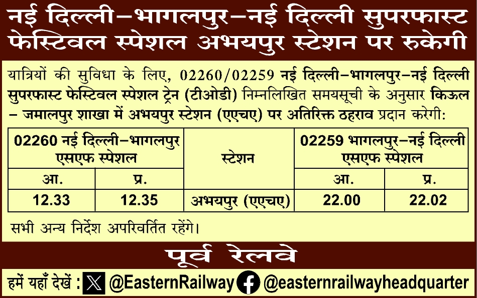 EasternRailway's tweet photo. नई दिल्���ी-भागलपुर-नई दिल्ली सुपरफास्ट फेस्टिवल स्पेशल अभयपुर स्टेशन पर रुकेगी। https://t.co/wxMr1JpBRj