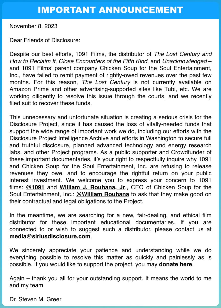 DrStevenGreer's tweet photo. Important Announcement Regarding The Lost Century and Other Films https://t.co/CAeomUMi9d https://t.co/w76cq7Hjl8