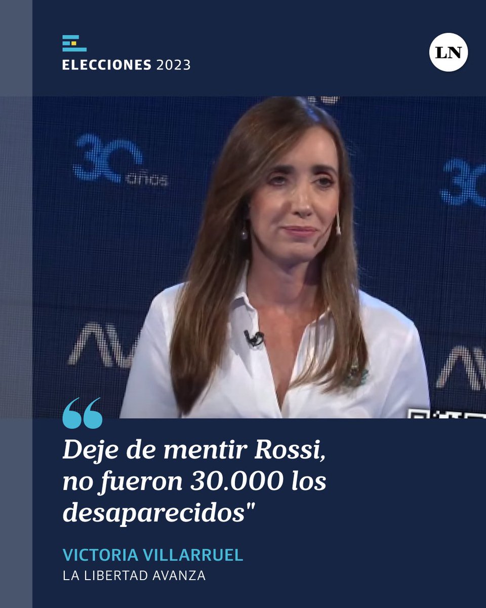 LANACION's tweet photo. Victoria Villarruel en el debate de vicepresidentes: "Deje de mentir Rossi, no fueron 30.000 los desaparecidos" https://t.co/fyOCML5jGS