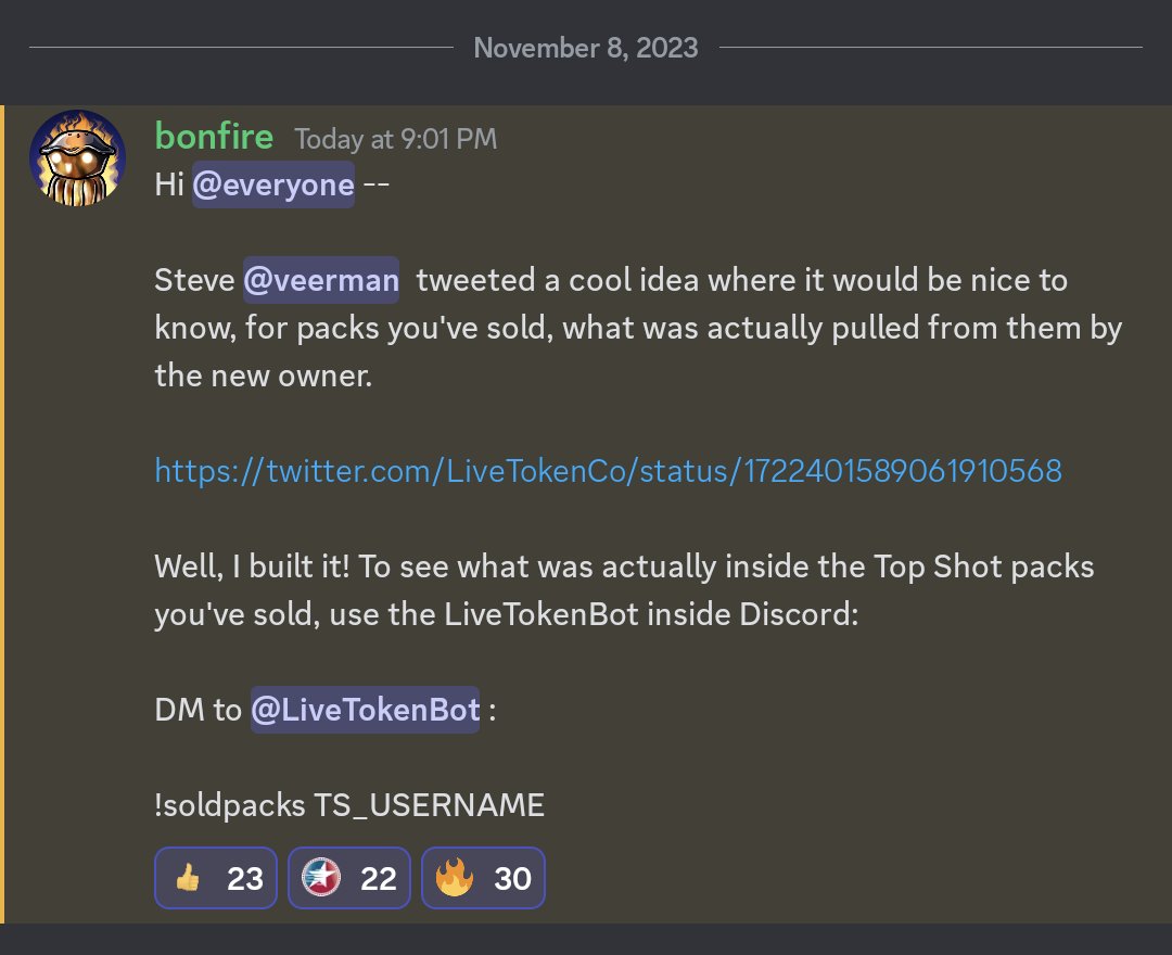 Woah, that was fast! Kudos Bonfire of <a href="/LiveTokenCo/">LiveToken</a> for building this amazing feature so quickly! Now you can easily see which Moments were in the packs you sold in the pack marketplace. 👏🫡

#NBATopShotThis