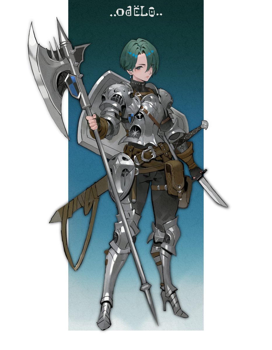 weapon armor green hair solo 1girl holding knife  illustration images