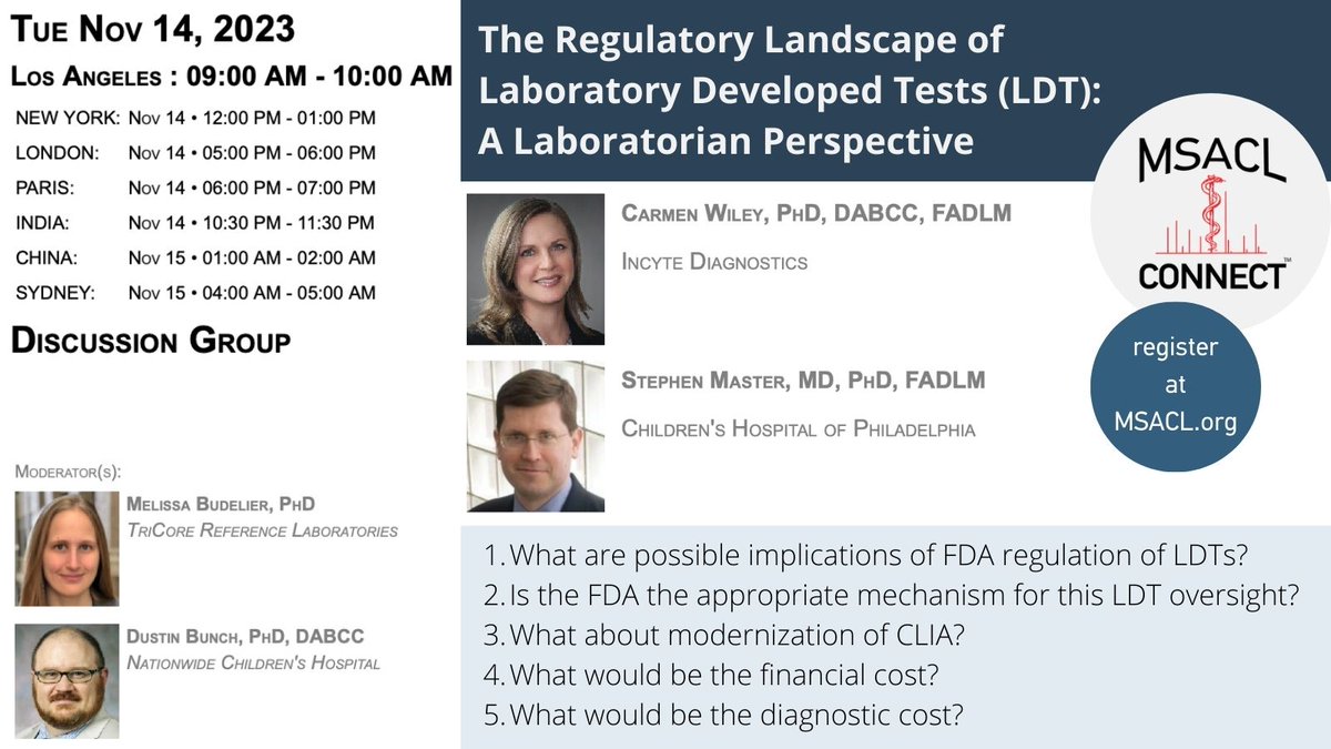 The FDA proposed LDT rule stated it will “end its enforcement discretion” of LDTs. Join a discussion relevant to the draft rule and implications to laboratory medicine with Carmen Wiley, Stephen Master, Melissa Budelier &amp; Dustin Bunch: msacl.org/?header=Connec…