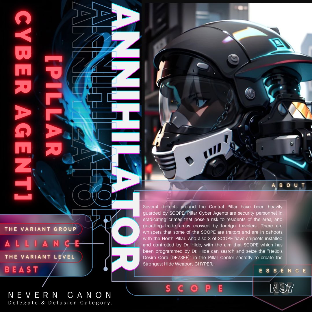 NEVERNCanon's tweet photo. SCOPE, Pillar Cyber Agents are security personnel in eradicating crimes that pose a risk to residents of the area, and guarding trade areas crossed by foreign travelers. There are whispers that some of the SCOPE are traitors and are in cahoots with the North Pillar. https://t.co/0G3ye7ZtHy